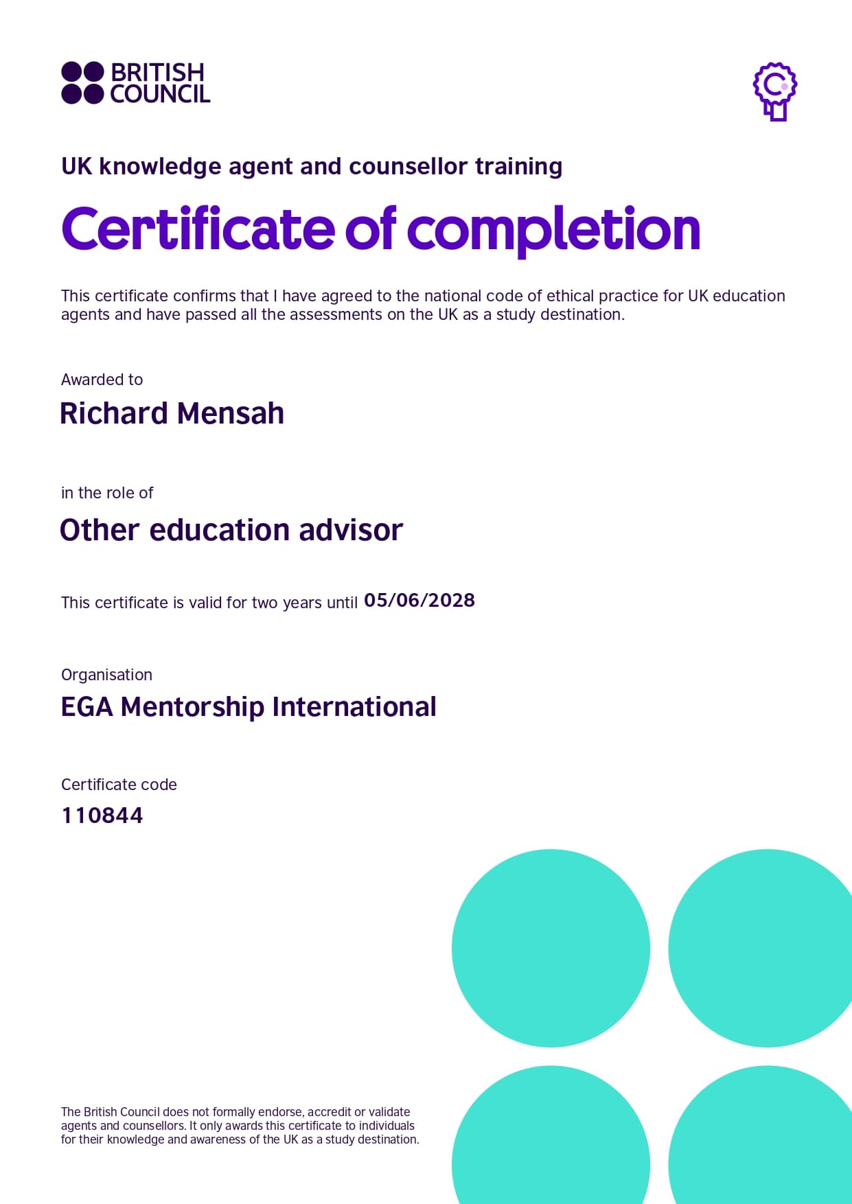 British Council Certificate of Completion awarded to EGA Mentorship International