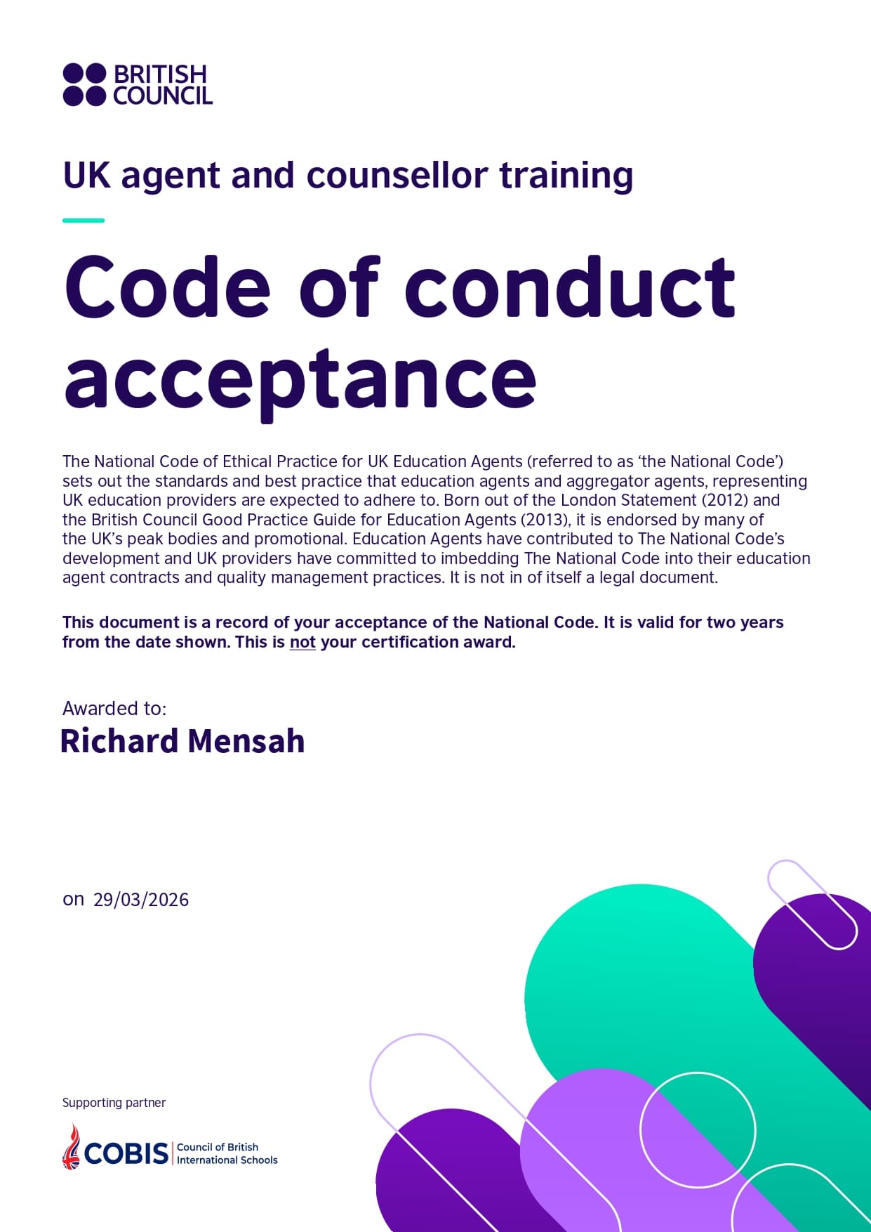 British Council Code of Conduct Acceptance awarded to EGA Mentorship International